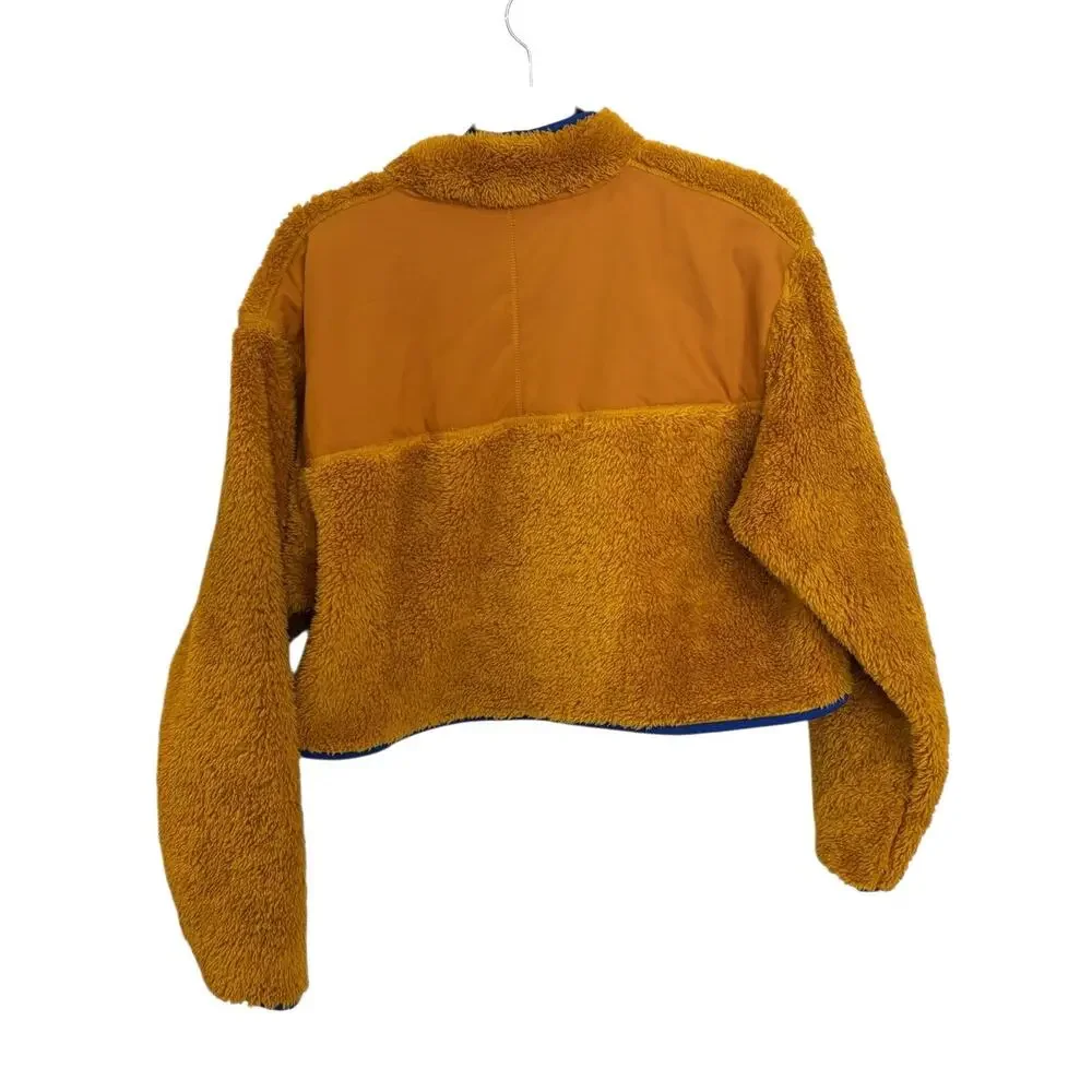Nike Sherpa Fleece Half-Zip Womens Medium Mustard Gold Cropped Blue Trim